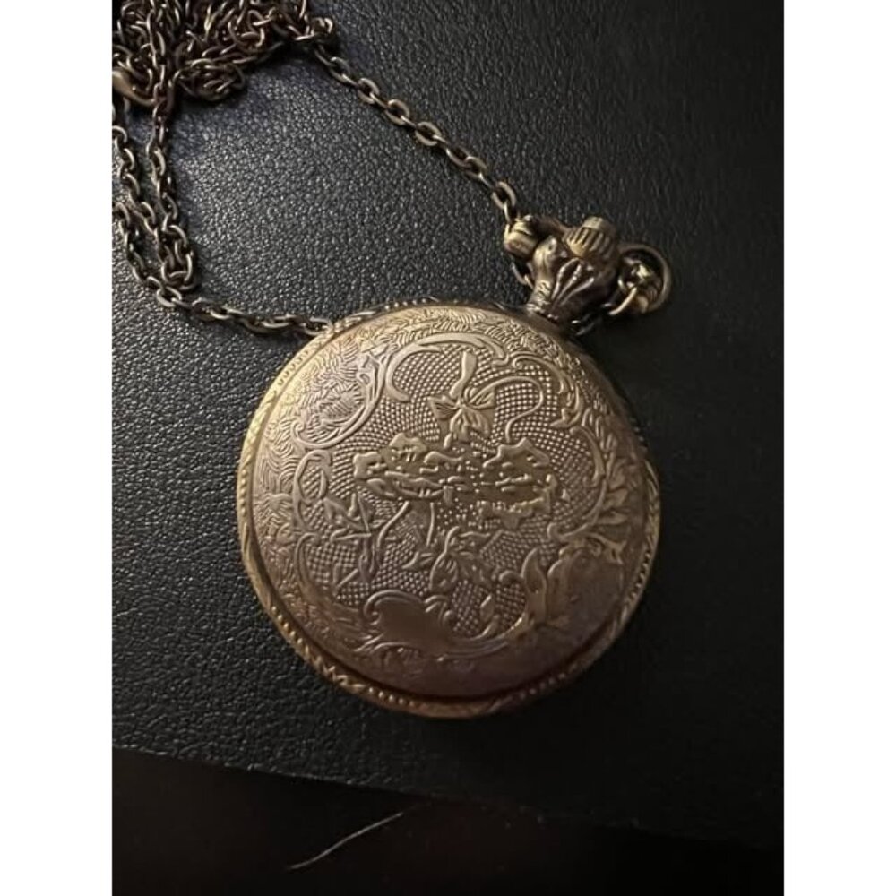 Old Pocket Watch Pendant Necklace with Flower Etching - Watch May Need Battery! - Picture 4 of 5